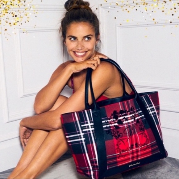 VICTORIA’S SECRET • Red Plaid Logo Festive Holiday Tote Purse Shoulder Bag - Picture 2 of 5